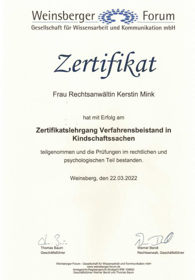 Zertifikatslehrgang Verfahrensbeistand in Kindschaftssachen – Kerstin Mink