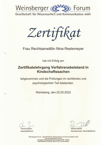 Zertifikatslehrgang Verfahrensbeistand in Kindschaftssachen – Nina Restemeyer